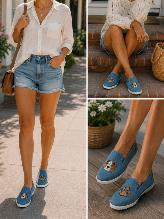 comfortview Shoes - Comfortview Adorable Puppy and Paw Blue SlipOn Shoes